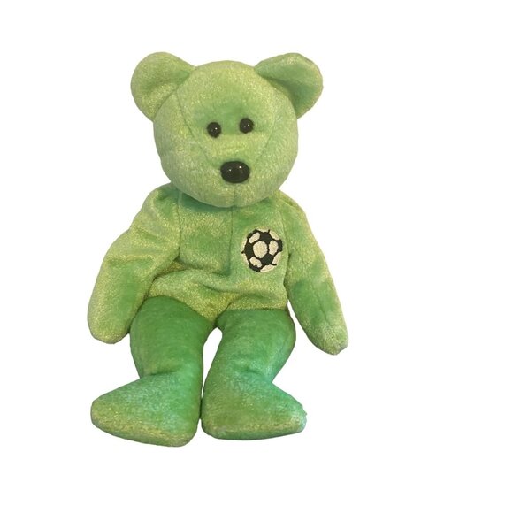 Vtg 1999 Ty Beanie Baby Kicks Green Soccer Teddy Bear Plush Stuffed Animal 8.5" - Picture 1 of 5